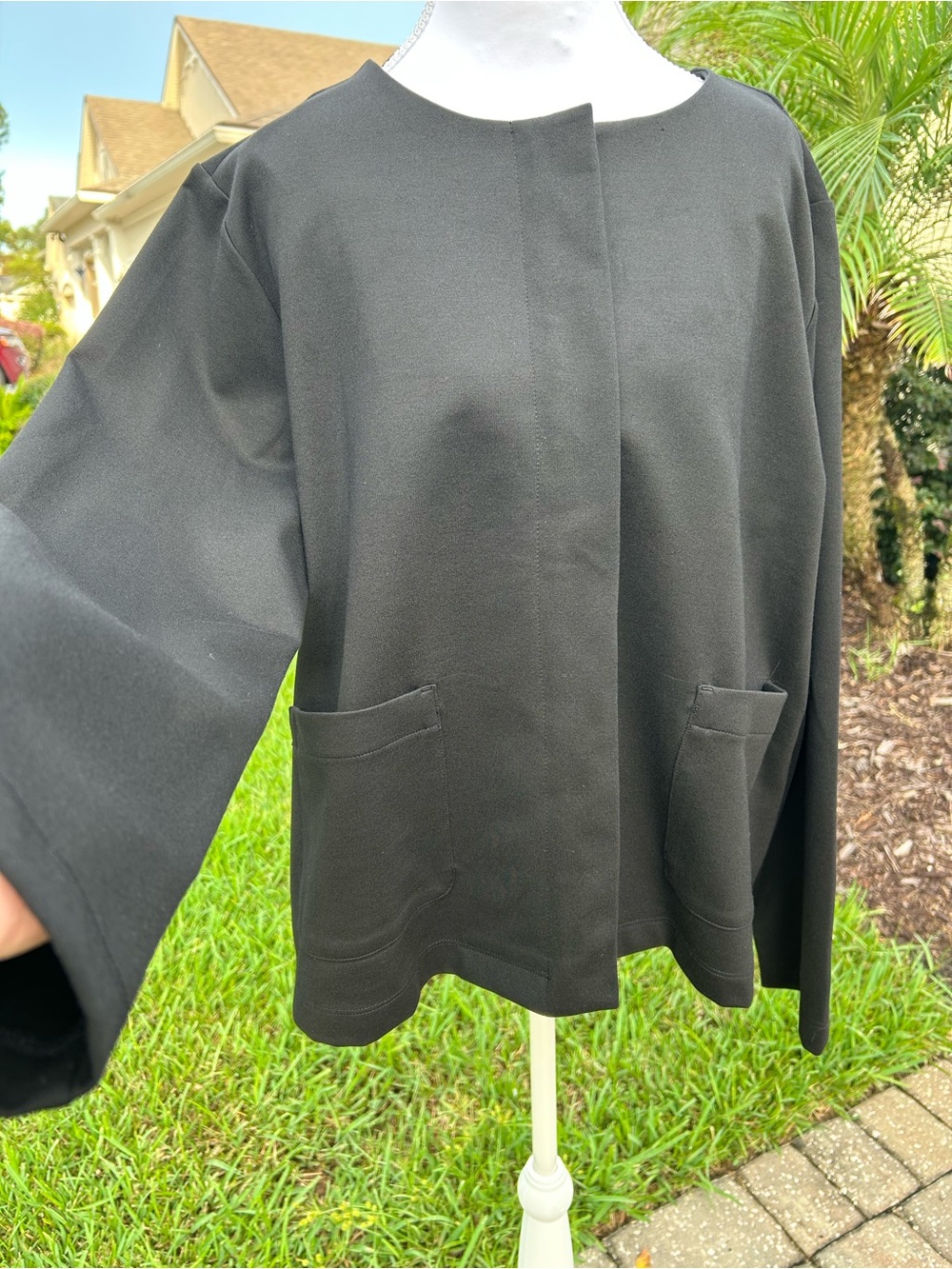 NWT🌷Eileen Fisher Black Open-Front Jacket with Zipper and Patch Pockets